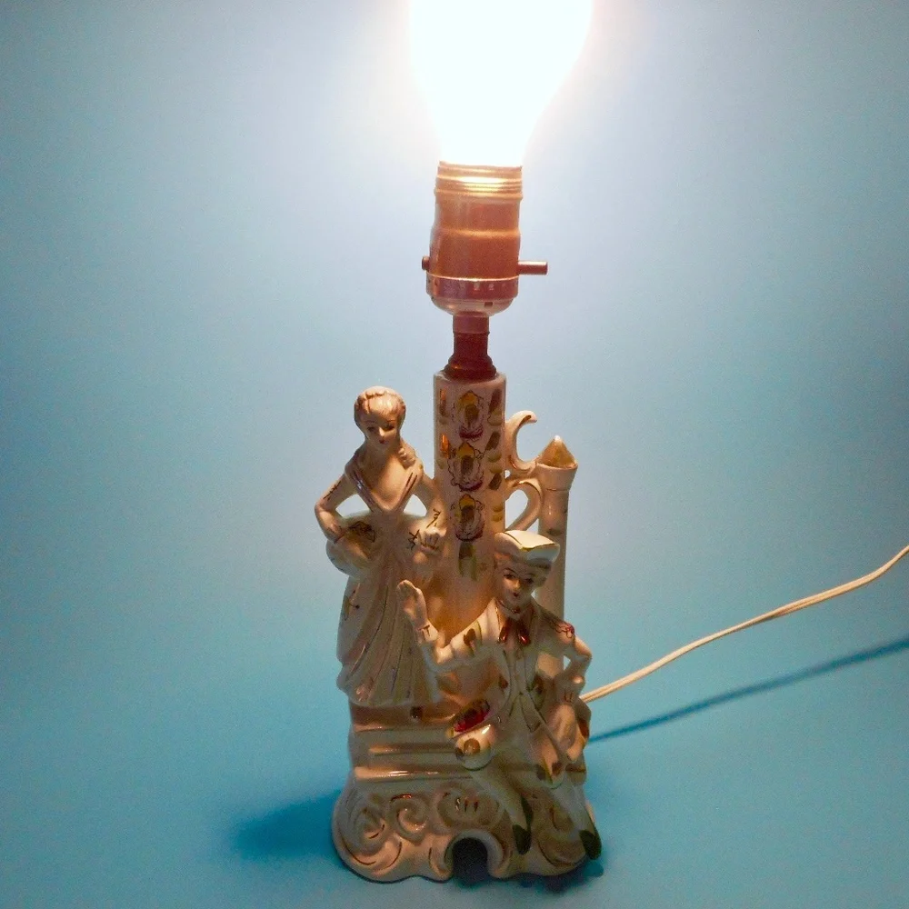 VTG 50s Porcelain Gold Gilded Boudoir Lamp Victorian Couple Courtship Steampunk